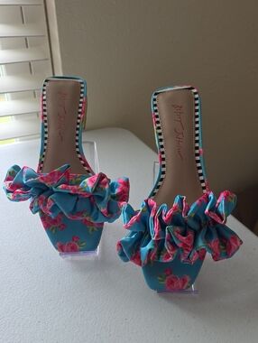 Betsey Johnson Turquoise Floral Ruffle Slide Mules